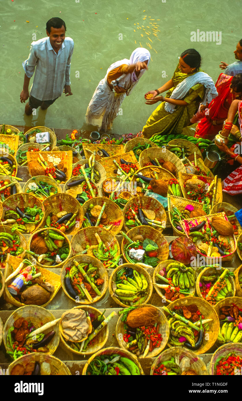 Indian festival and rituals at Ganga river in Varanasi or Benares, India Stock Photo