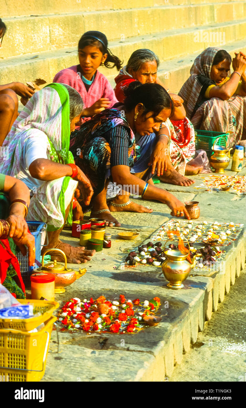 Indian festival and rituals at Ganga river in Varanasi or Benares, India Stock Photo