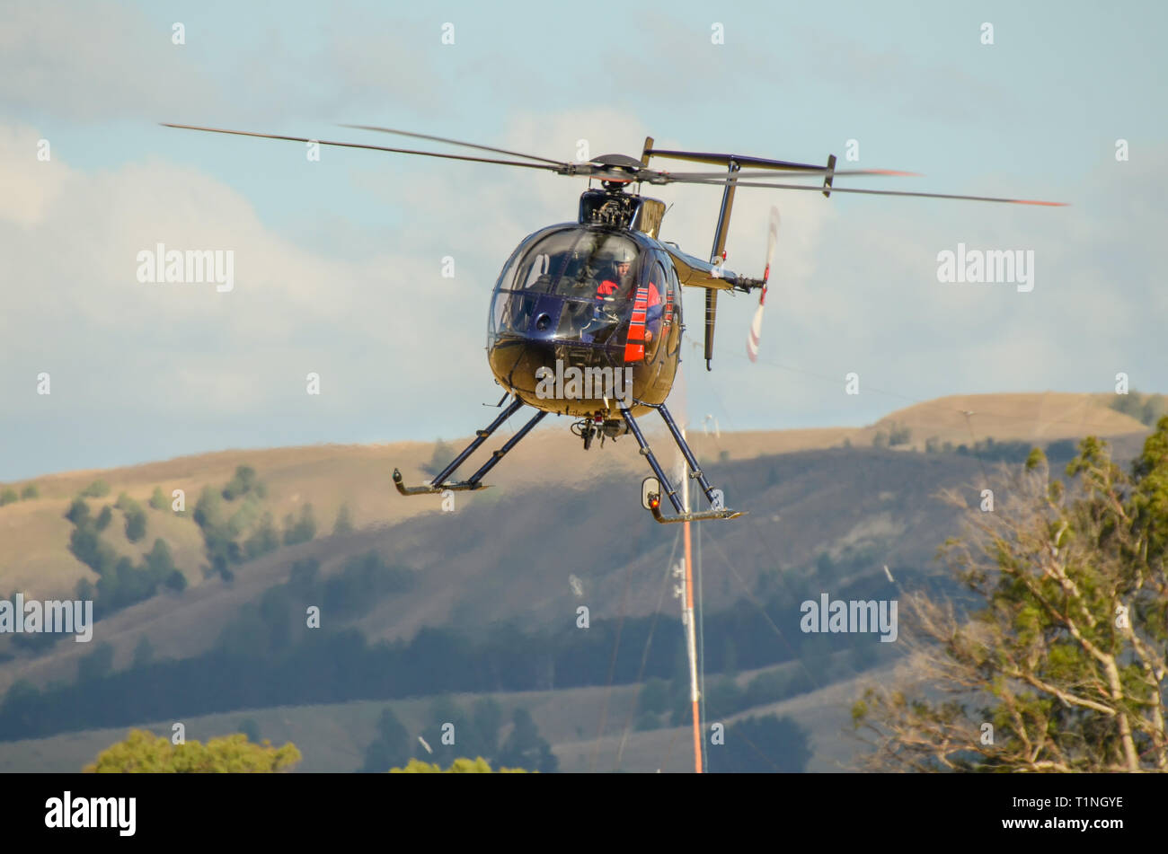 Fiordland Helicopters Hughes 369E helicopter flying in Wairarapa, New