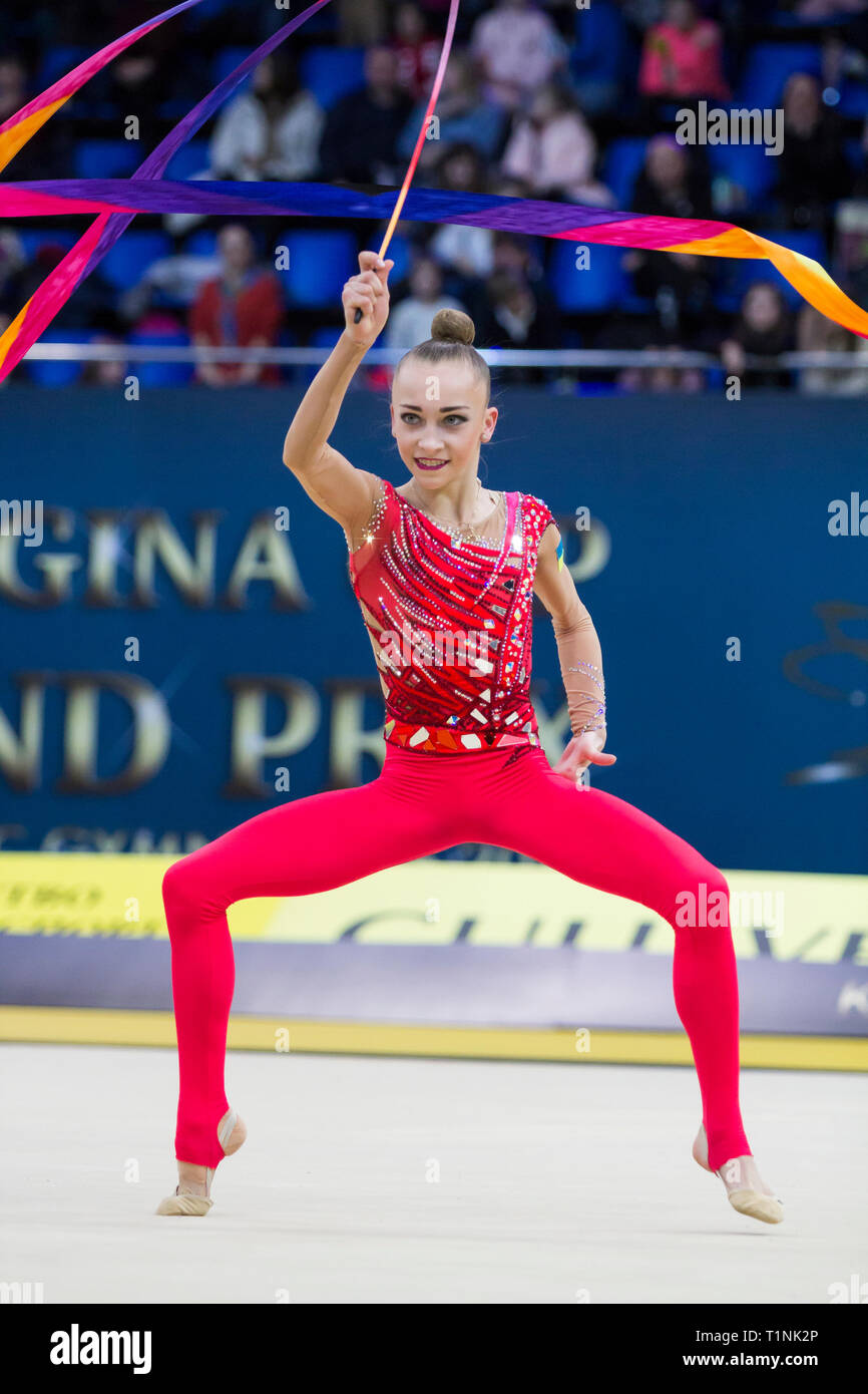 KYIV, UKRAINE - MARCH 16, 2019:  Pohranychna Khrystyna (Ukraine) performs at Deriugina Cup Grand Prix (Rhythmic Gymnastics International Tournament) Stock Photo