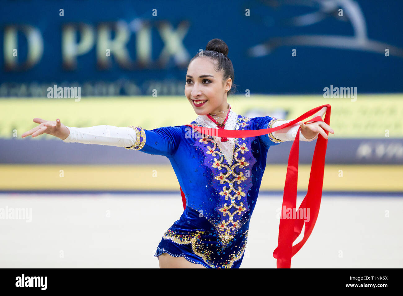 KYIV, UKRAINE - MARCH 16, 2019:  Pazhava Salome (Georgia) performs at Deriugina Cup Grand Prix (Rhythmic Gymnastics International Tournament) Stock Photo