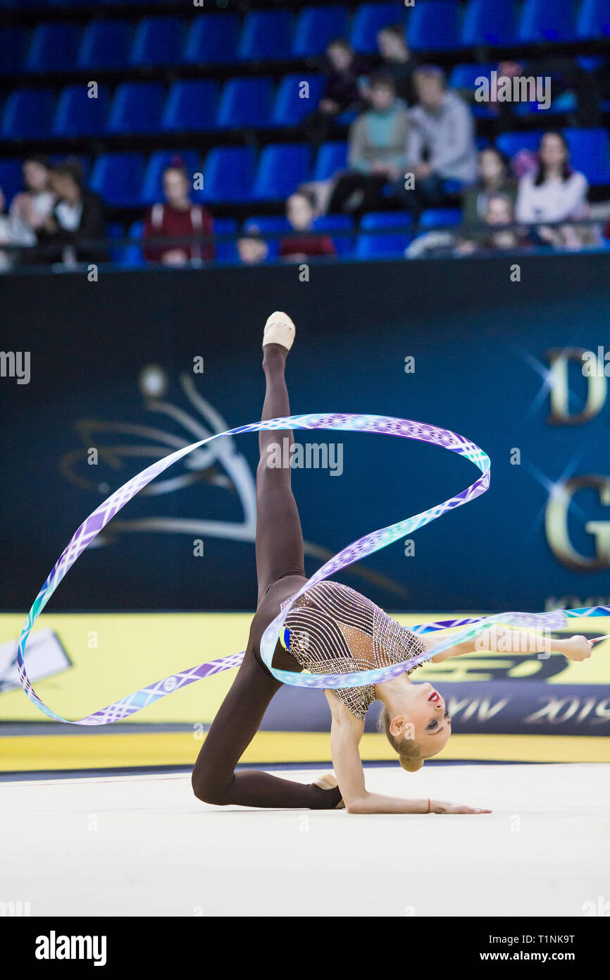 KYIV, UKRAINE - MARCH 16, 2019:  Viktoriia Onopriienko (Ukraine) performs at Deriugina Cup Grand Prix (Rhythmic Gymnastics International Tournament) Stock Photo