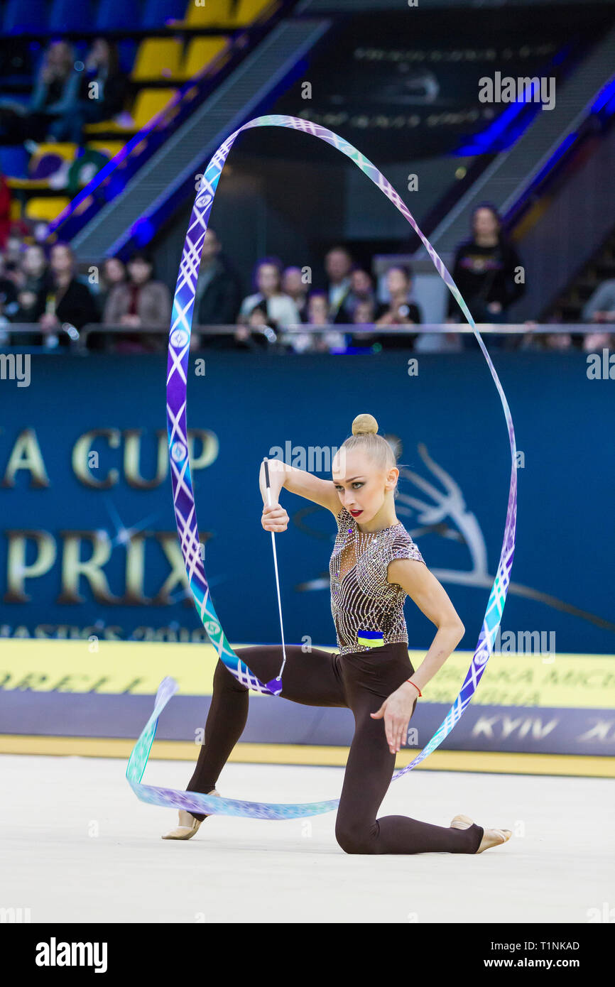 KYIV, UKRAINE - MARCH 16, 2019:  Viktoriia Onopriienko (Ukraine) performs at Deriugina Cup Grand Prix (Rhythmic Gymnastics International Tournament) Stock Photo