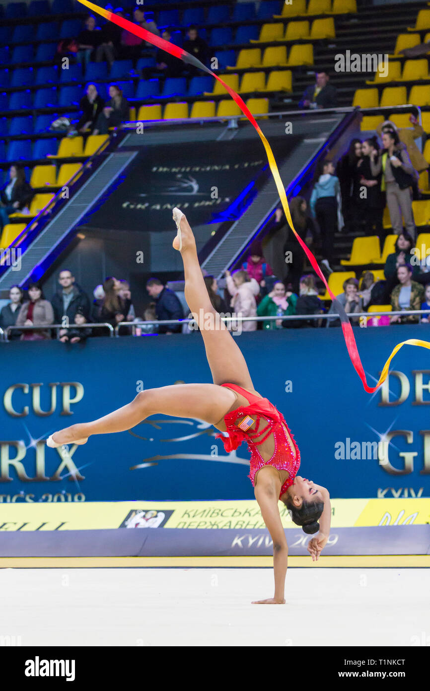 KYIV, UKRAINE - MARCH 16, 2019:  Nastasya Generalova (USA) performs at Deriugina Cup Grand Prix (Rhythmic Gymnastics International Tournament) Stock Photo