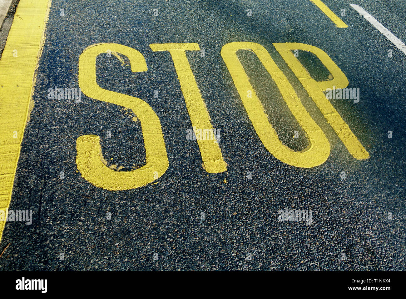Yellow painted Stop road marking on UK road Stock Photo