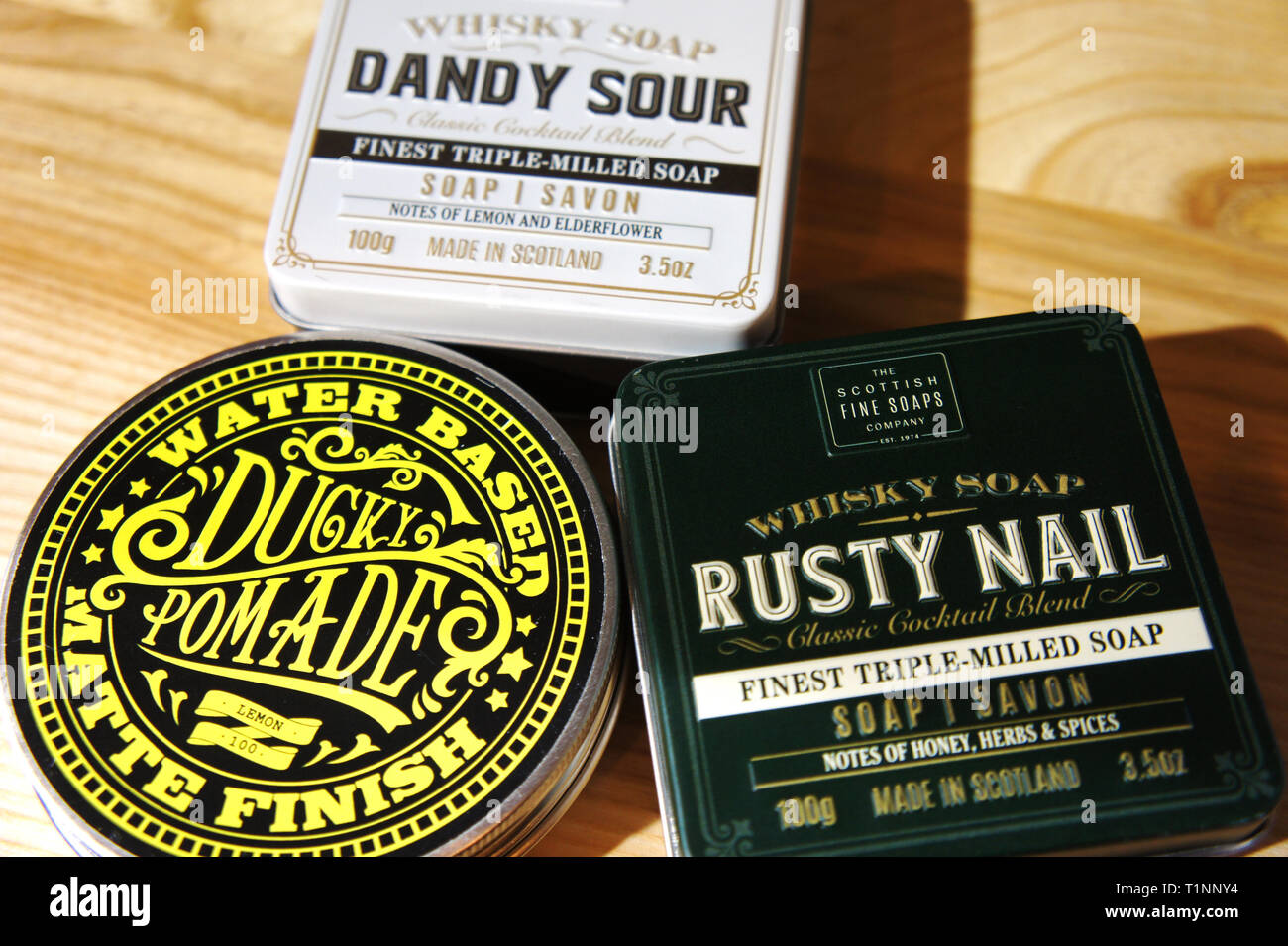 dandy sour and rusty nail. Whisky Cocktail Soaps in a Tin. Scottish Fine Soaps. ducky pomade Stock Photo