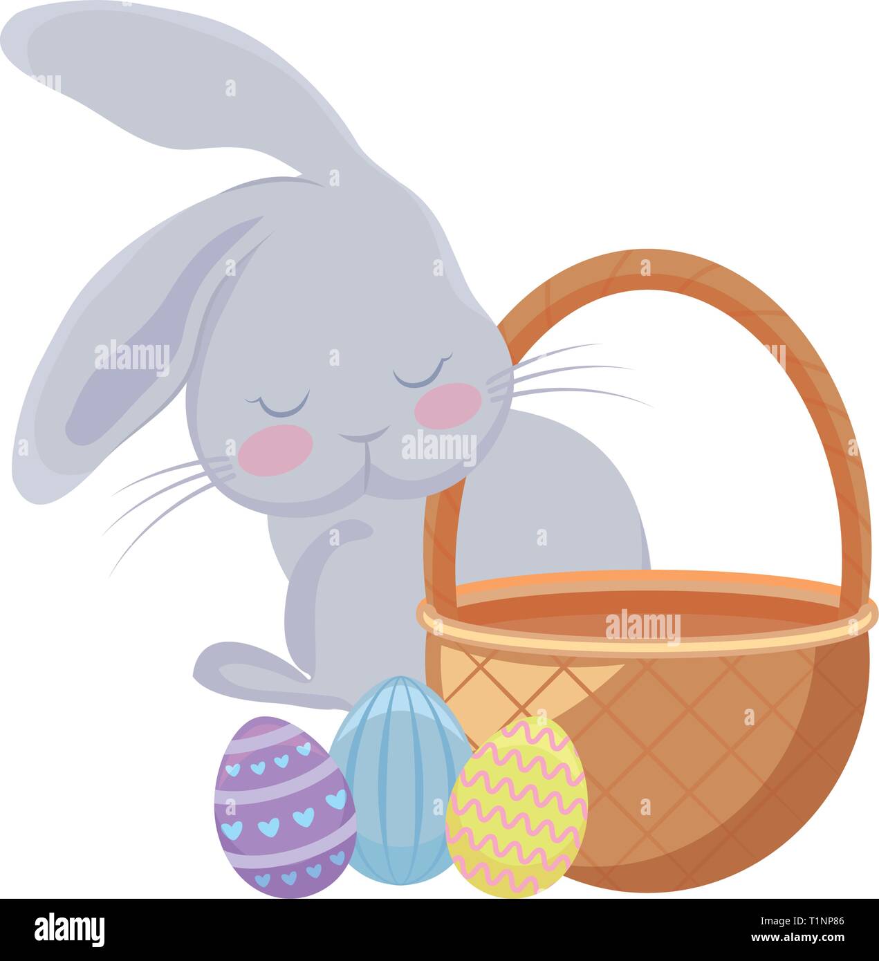 cute rabbit with basket wicker and eggs of easter vector illustration ...