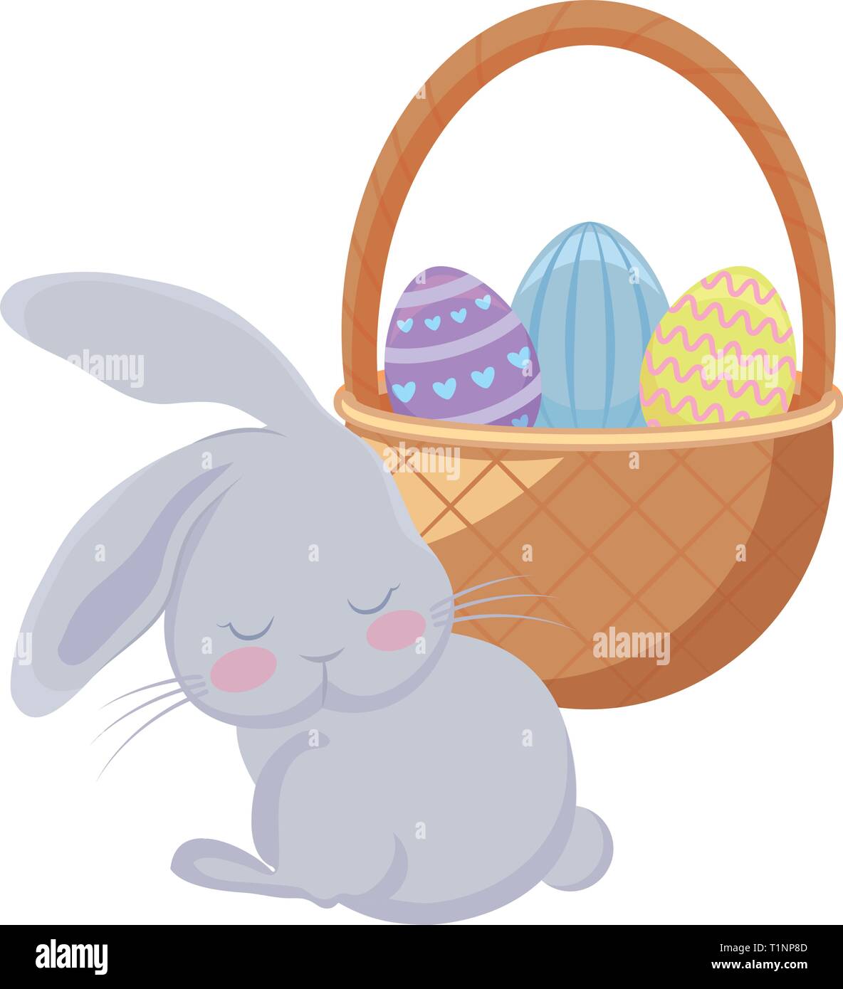 cute rabbit with basket wicker and eggs of easter vector illustration ...