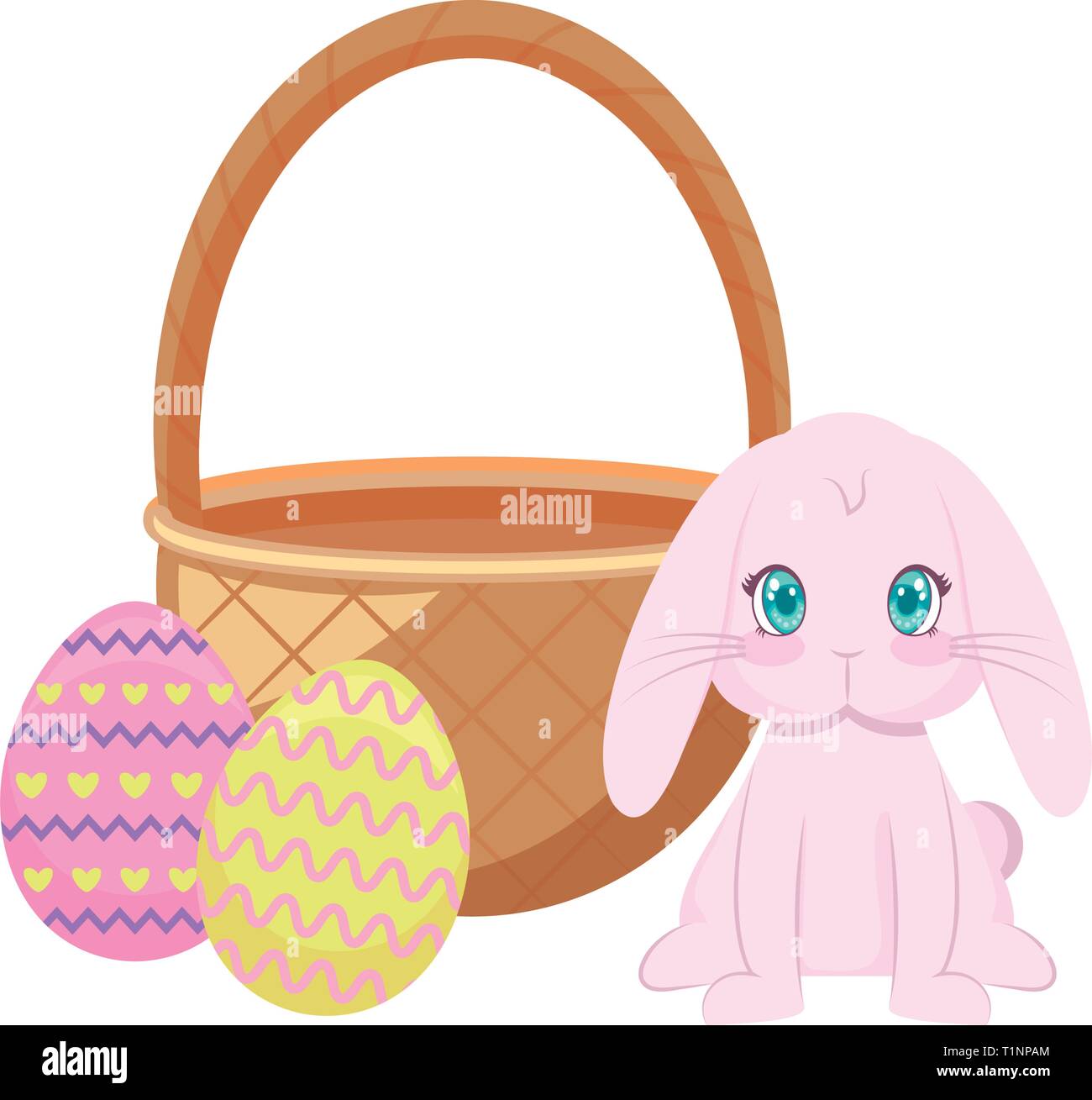 cute rabbit with basket wicker and eggs of easter vector illustration ...