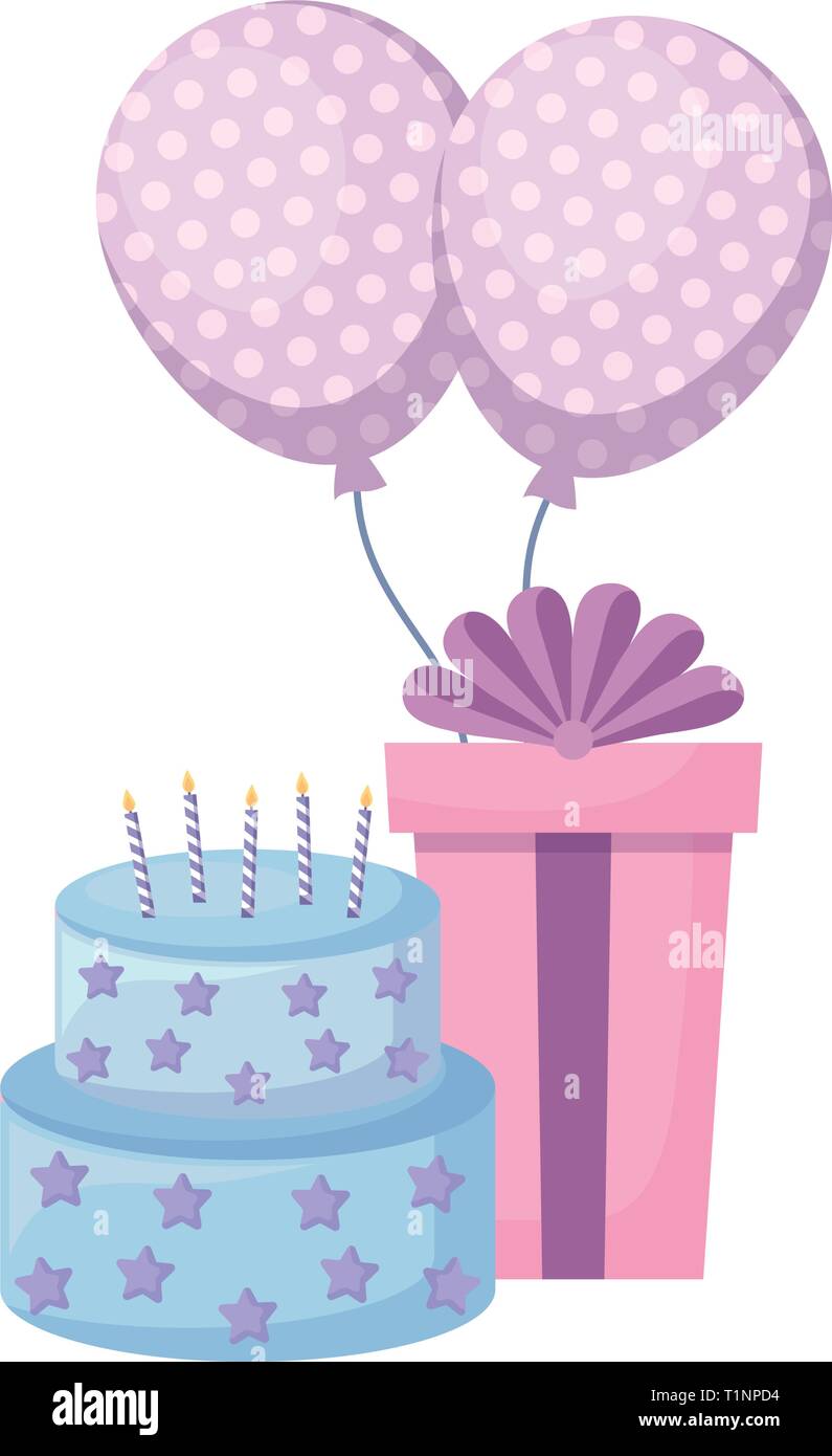 sweet cake with gift box and balloons helium vector illustration design ...