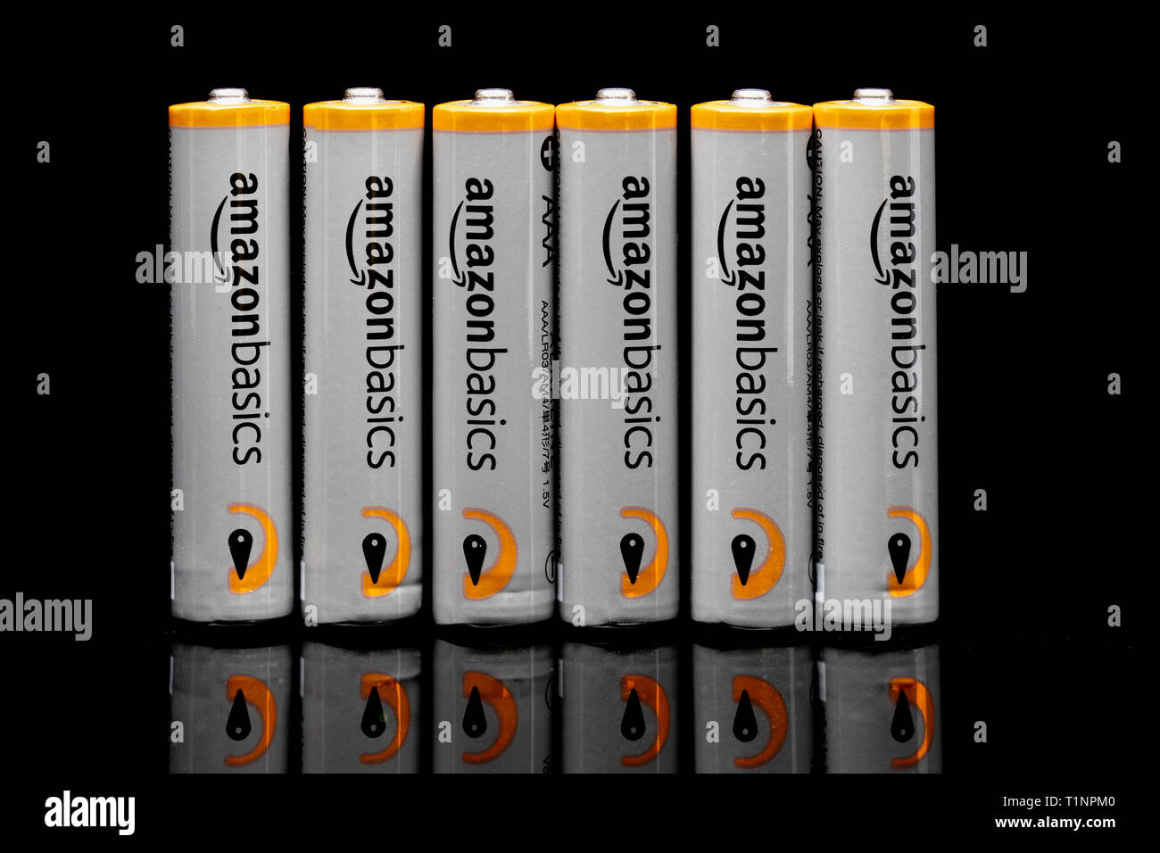 ST. PAUL, MN/USA - MARCH 18, 2019: AmazonBasics grouping of AAA batteries. AmazonBasics is a private-label that offers home goods, office supplies, an Stock Photo