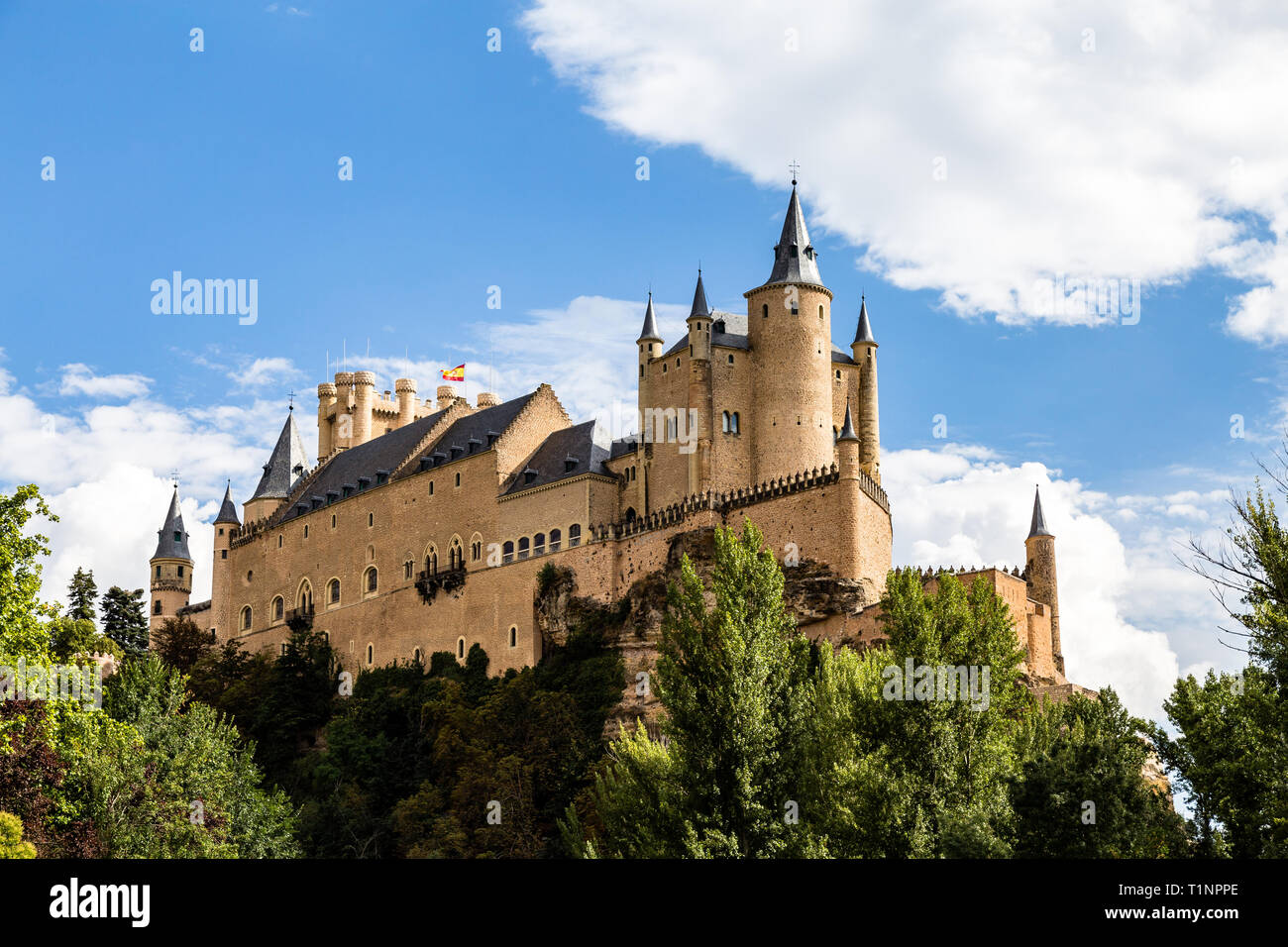 The famous view of the Alcazar of Segovia in a sunny summer day from the view point of la Pradera de San Marcos, Segovia, Castilla y Leon, Spain Stock Photo