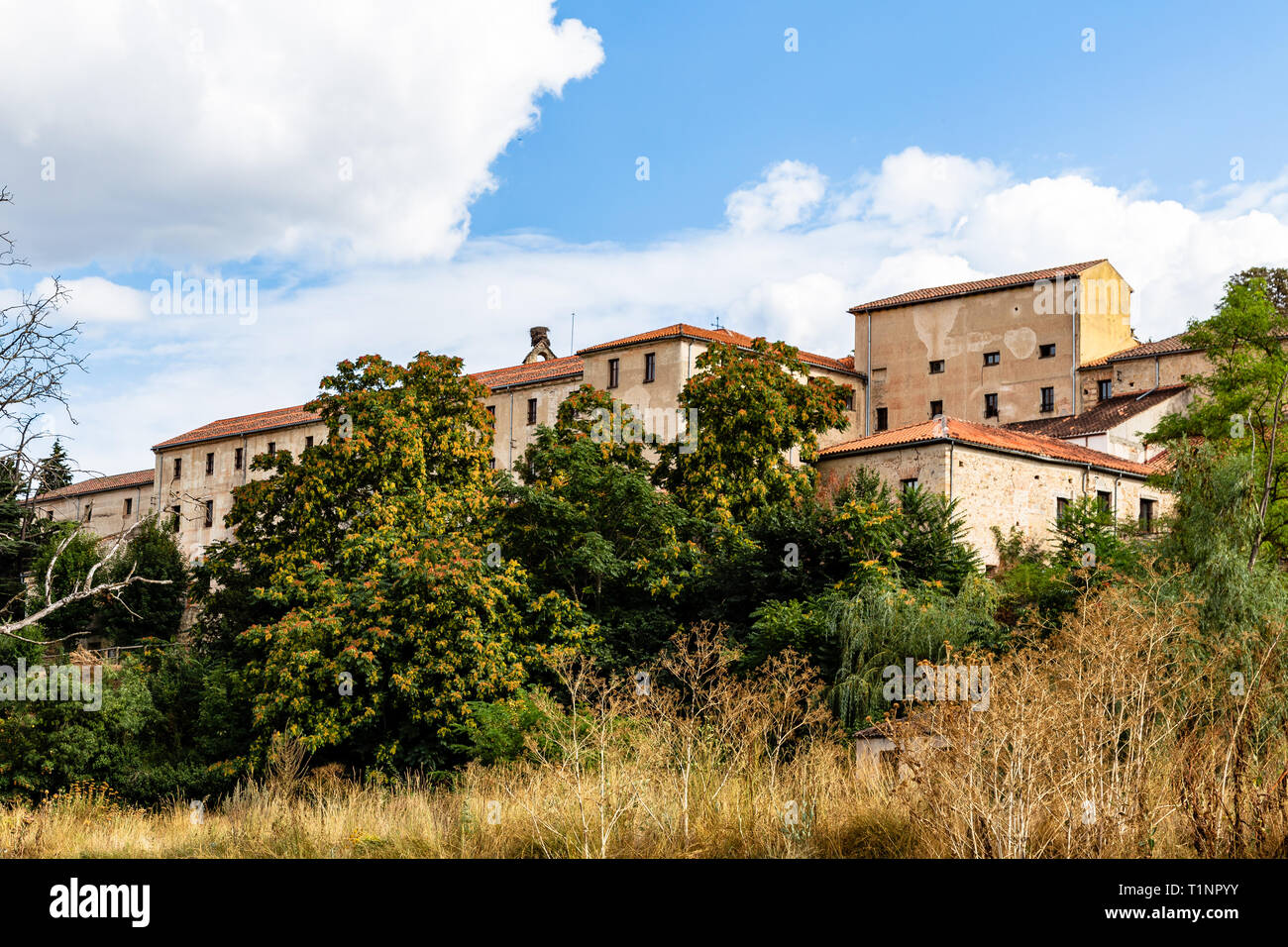 Yellow grass, red tree and old houses near the eresma river at end of Summer, Segovia, Castilla y Leon, Spain Stock Photo
