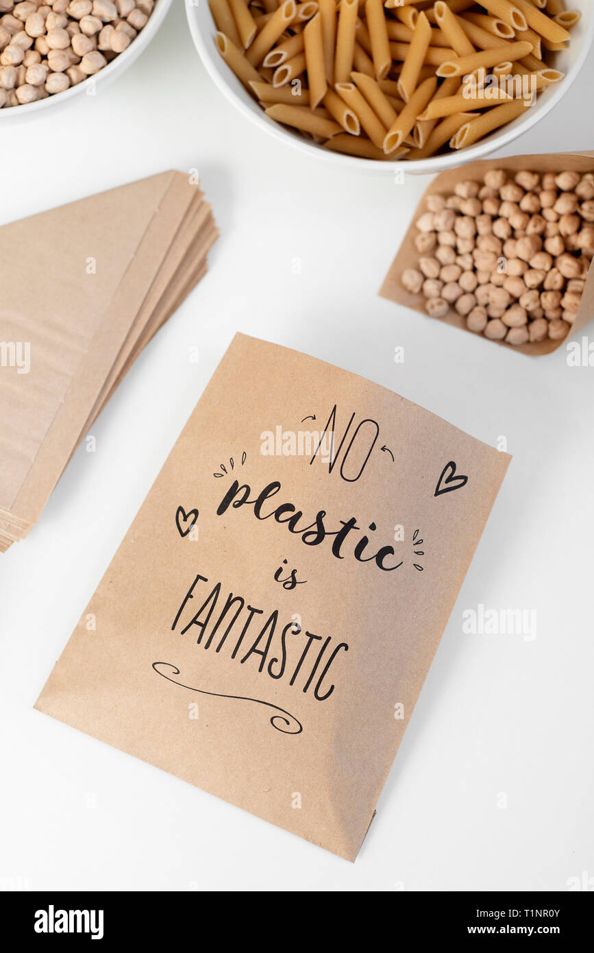 High Angle View Of A Brown Paper Bag With The Text No Plastic Is