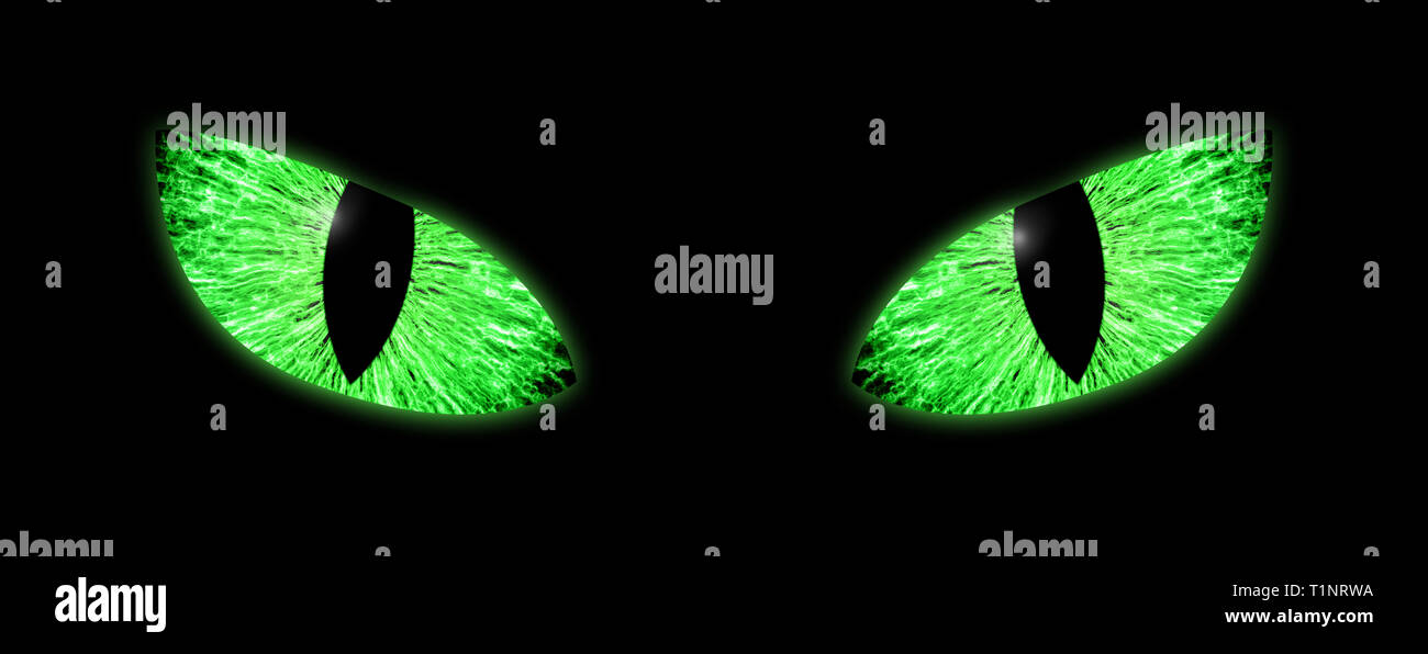 Detail macro illustration of two bright green eyes with vertical pupils Stock Photo