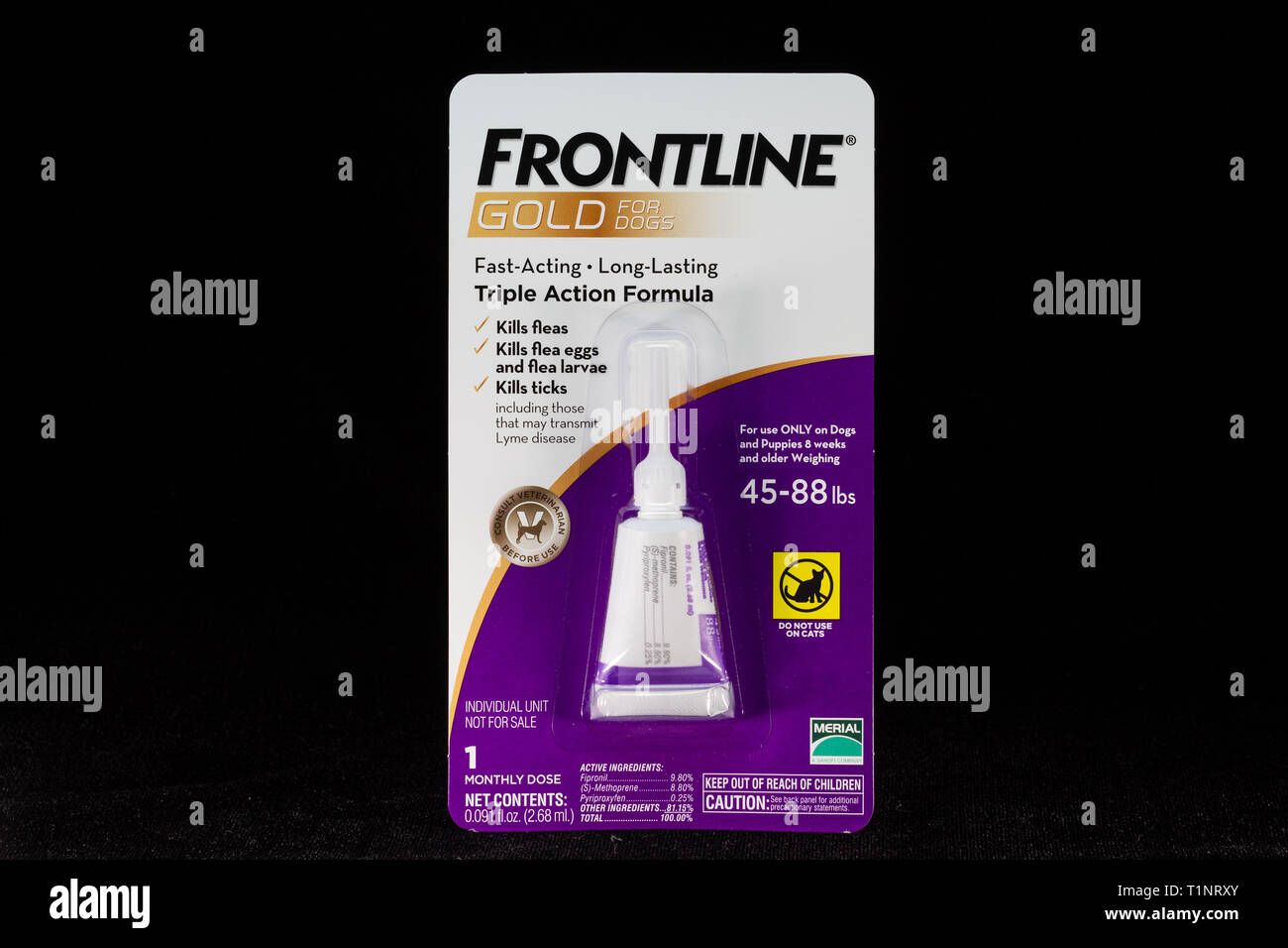 ST. PAUL, MN/USA - MARCH 16, 2019: Frontline Gold flea and tick preventative medicine for dogs and trademark logo. Stock Photo