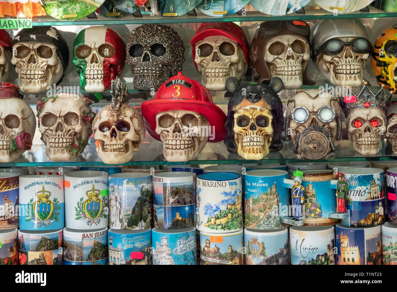 Tourist gift shop display with garish skulls, San Marino , Italy Stock Photo