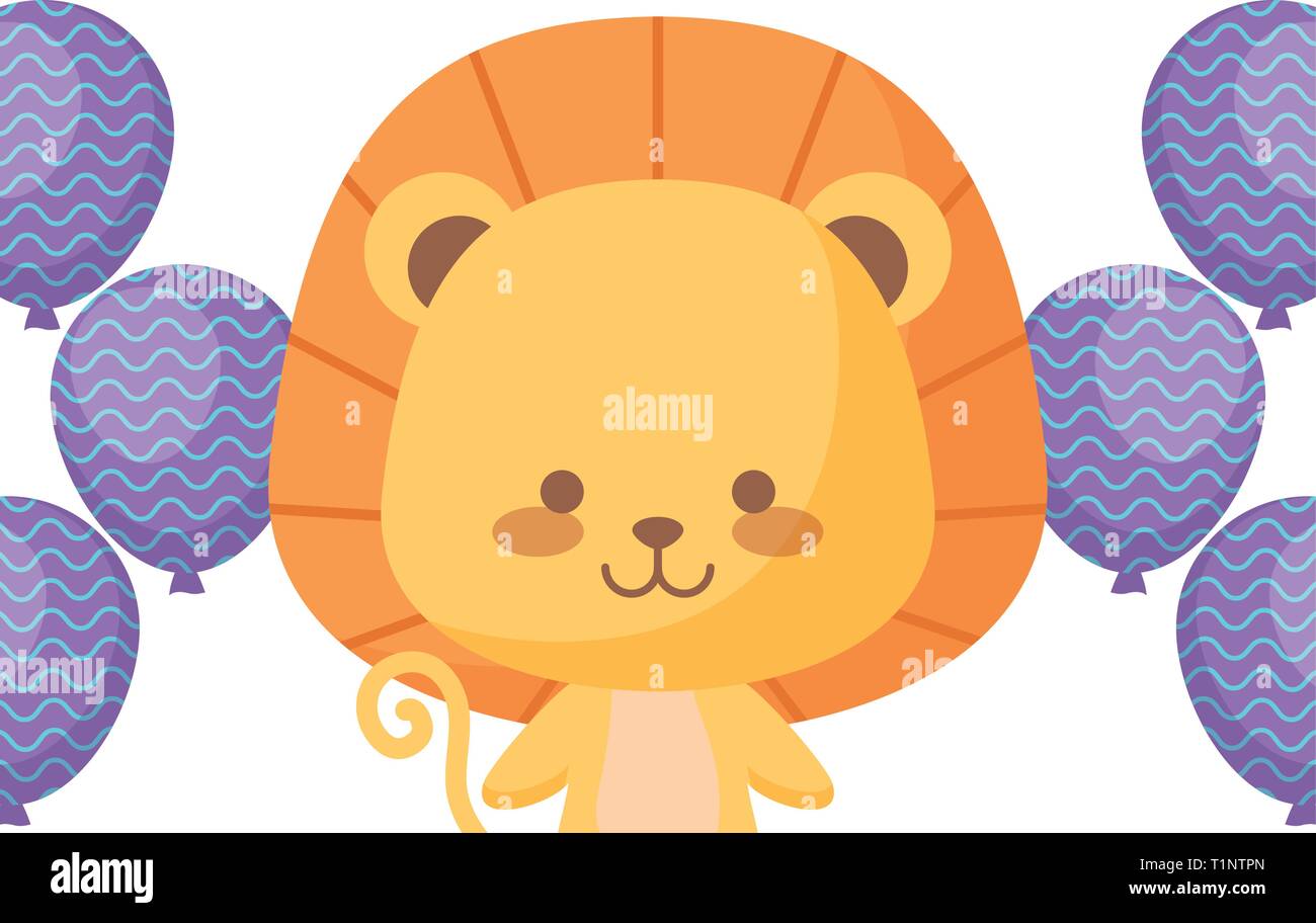 cute lion with balloons helium vector illustration design Stock Vector ...