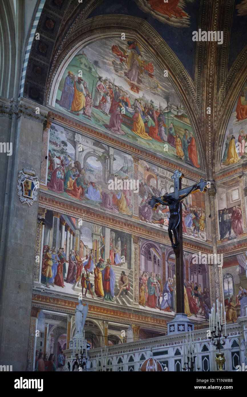 Frescos by Italian Renaissance painter Domenico Ghirlandaio and his  workshop (1485-1490) in the Cappella Maggiore in the Basilica of Santa  Maria Novella (Basilica di Santa Maria Novella) in Florence, Tuscany, Italy  Stock