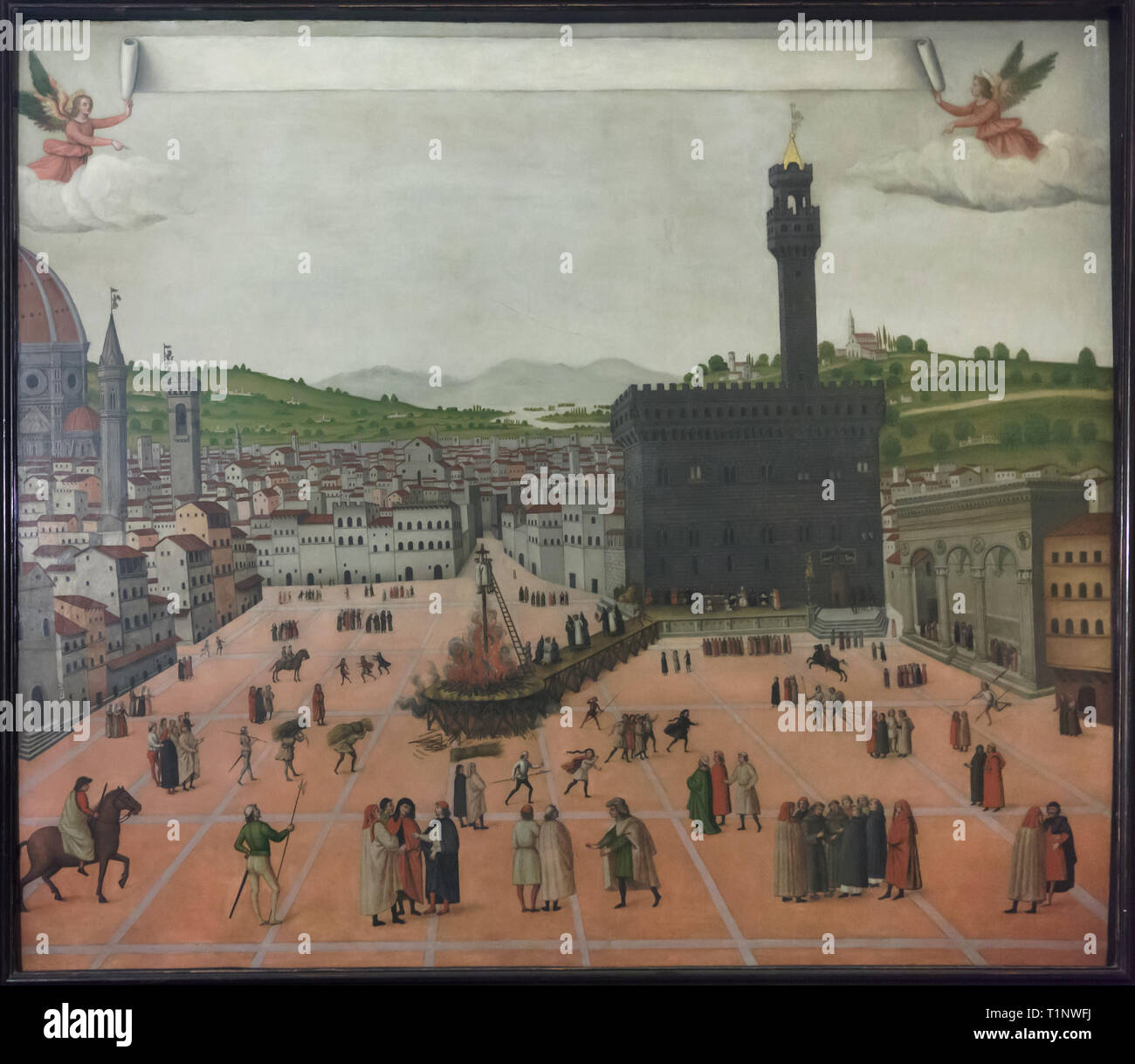 Painting 'Martyrdom of Girolamo Savonarola in Piazza della Signoria on 23 May 1498' by an unknown painter dated from the end of the 15th century on display in Savonarola's cell at the San Marco Convent (Convento di San Marco), now the San Marco Museum (Museo Nazionale di San Marco) in Florence, Tuscany, Italy. Stock Photo