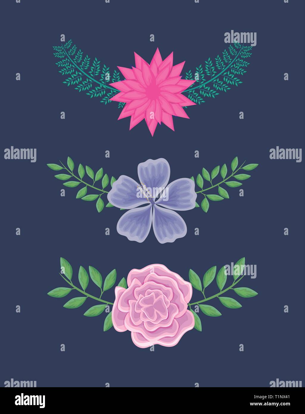 set of beautiful flowers with branches and leafs vector illustration ...