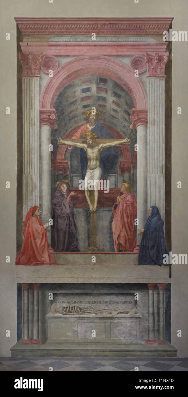Fresco 'Holy Trinity' by Italian Renaissance painter Masaccio (1425) in the Basilica of Santa Maria Novella (Basilica di Santa Maria Novella) in Florence, Tuscany, Italy. Stock Photo