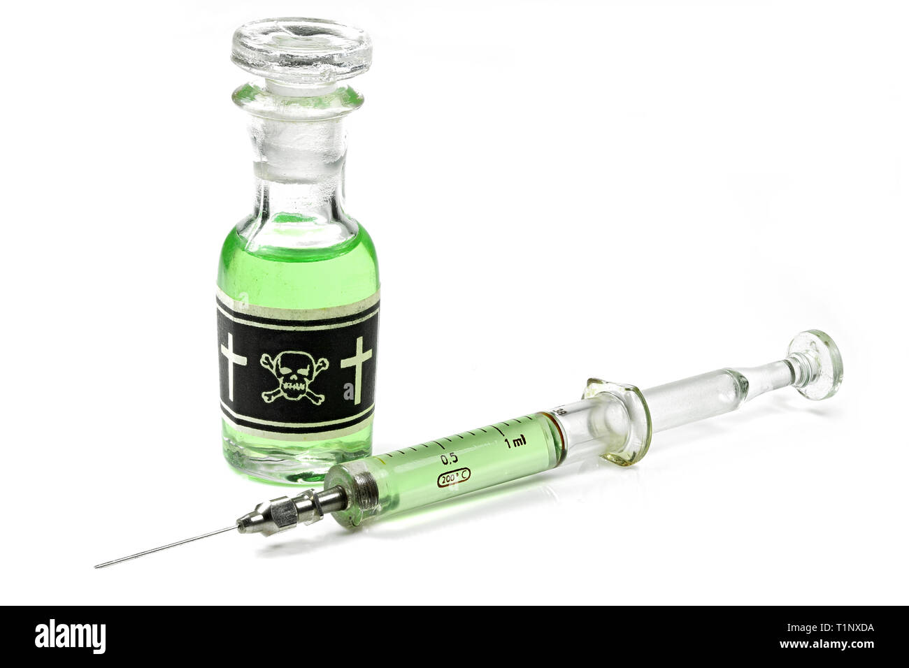 vintage bottle of poison with glass syringe isolated on white background Stock Photo