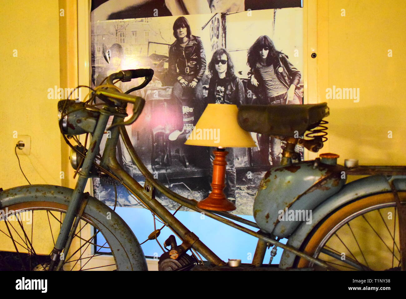 esmoriz,portugal - bar with ramones poster and vintage motor bike.august 2016. Stock Photo