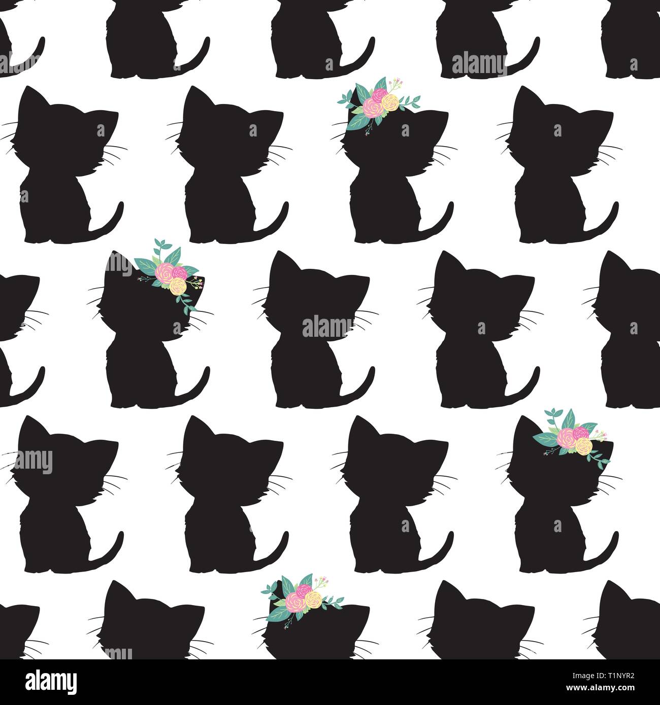 Seamless vector pattern with cute black cat silhouettes on black ...