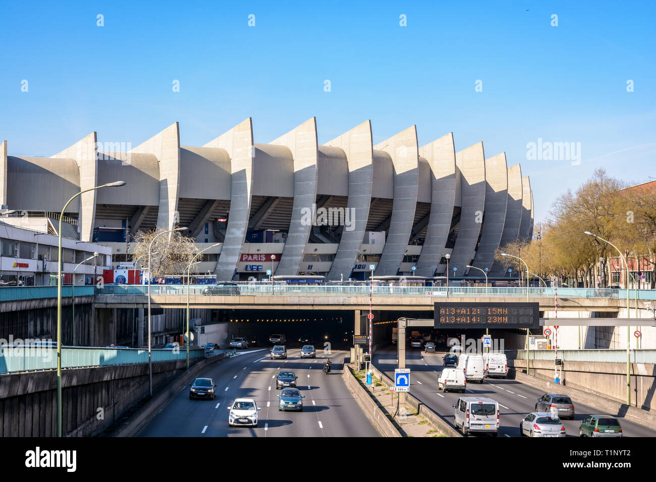 The Parc des Princes stadium, home stadium of the Paris Saint-Germain (PSG) football club, was built in 1972 partially above Paris ring road. Stock Photo