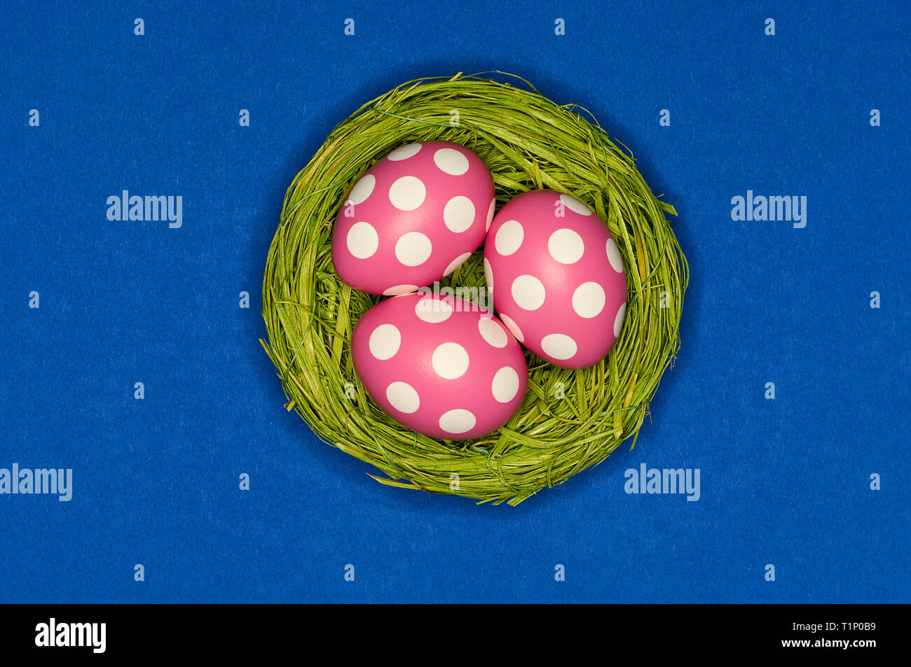 colored easter eggs in a green nest Stock Photo