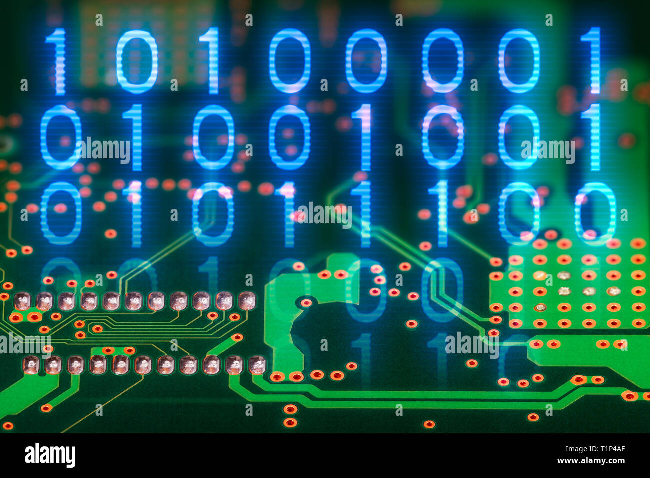 Binary code. Printed circuit board back side. Digital electronic background. Hardware component. Abstract green texture of PCB detail. Blue 0, 1 digit. Stock Photo