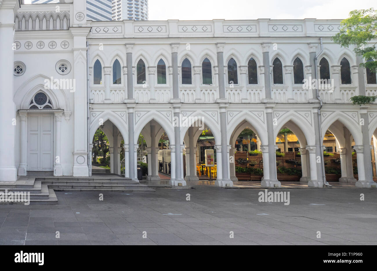 Pointed arch arcade CHIJMES Convent of the Holy Infant Jesus Chapel converted into social hall function event centre Singapore. Stock Photo