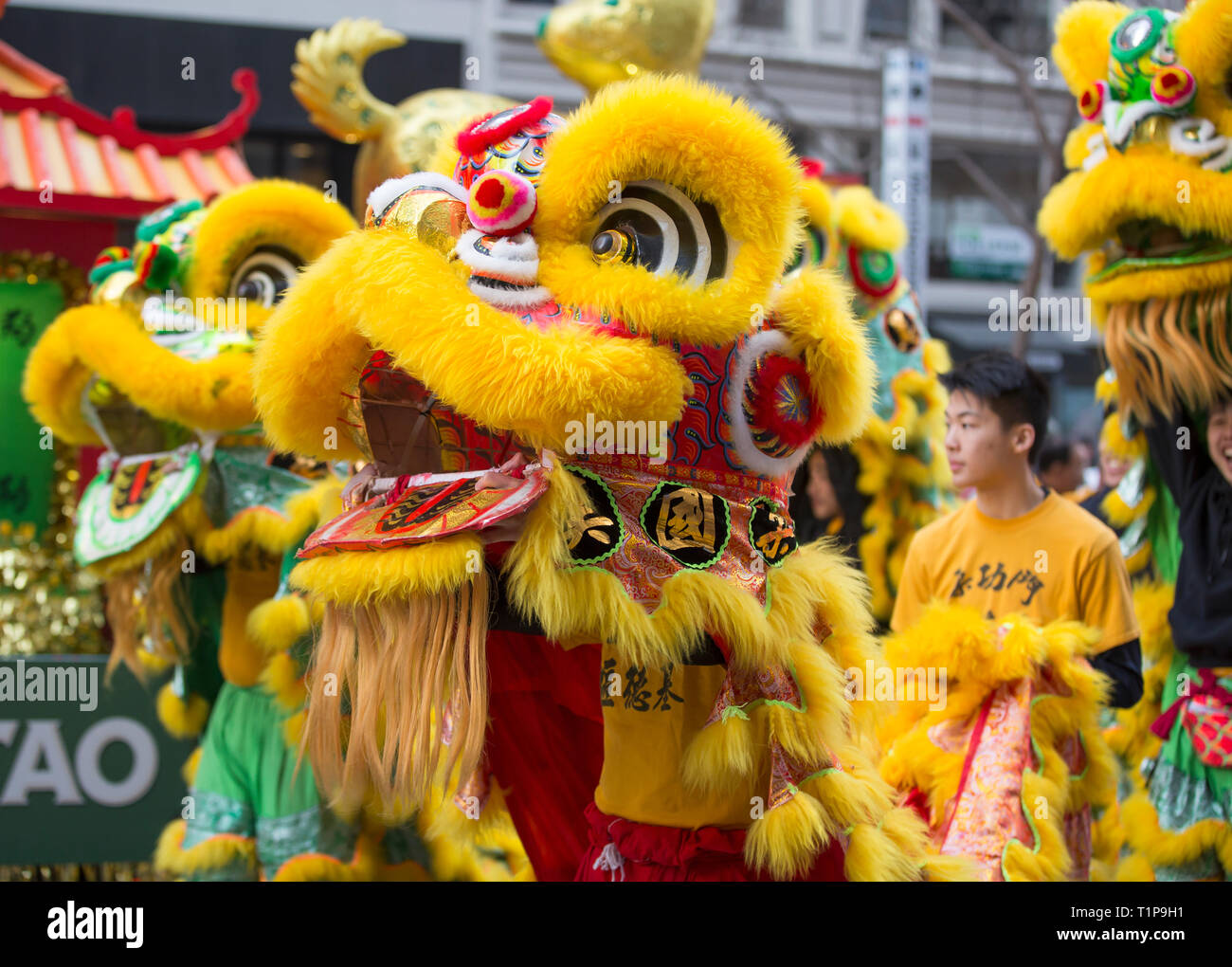 Lion dance performers in Chinese New Year Parade in San Francisco Stock Photo