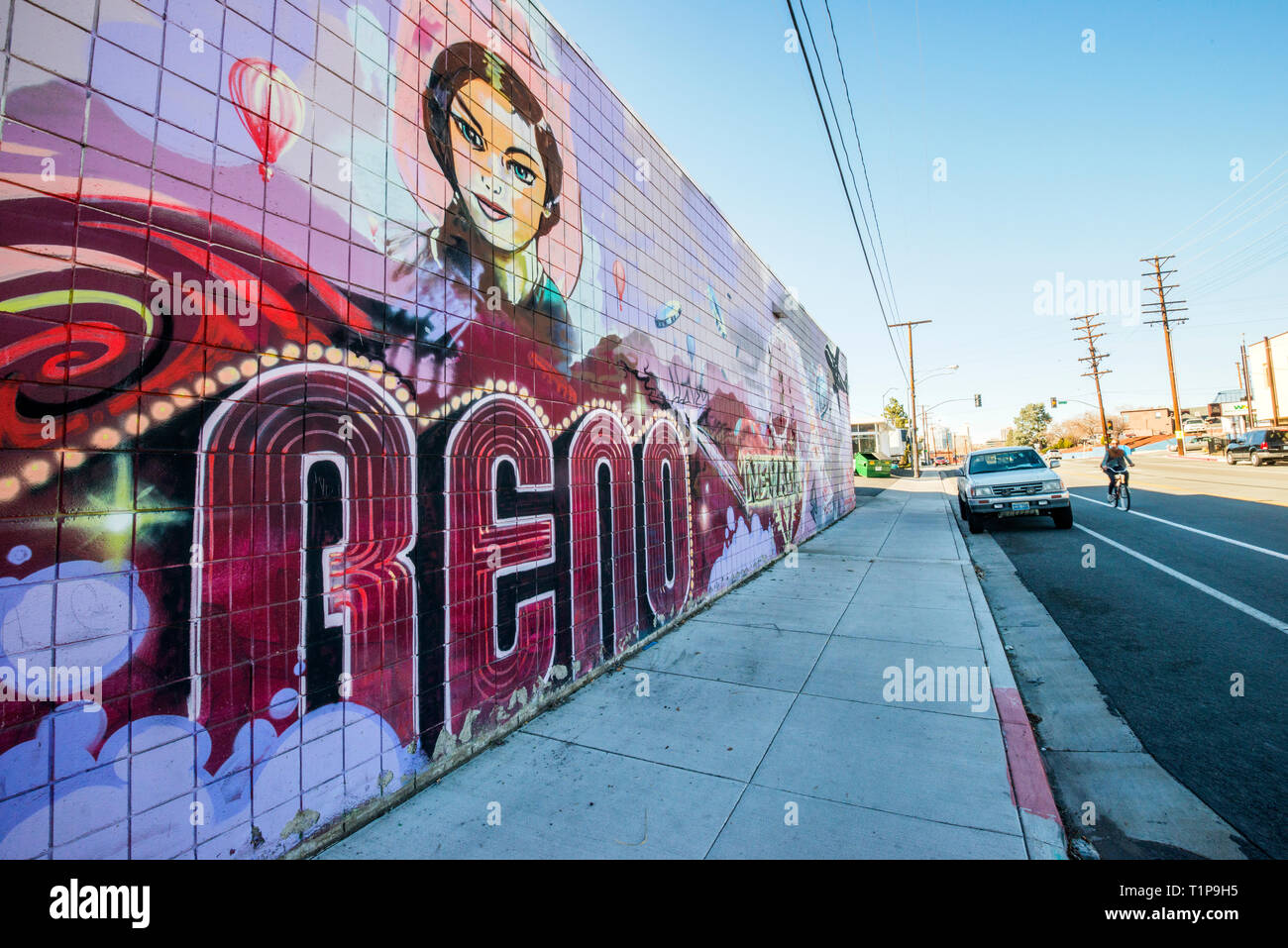 A mural is painted on the side of a building in the midtown district of Reno, Nevada. Stock Photo