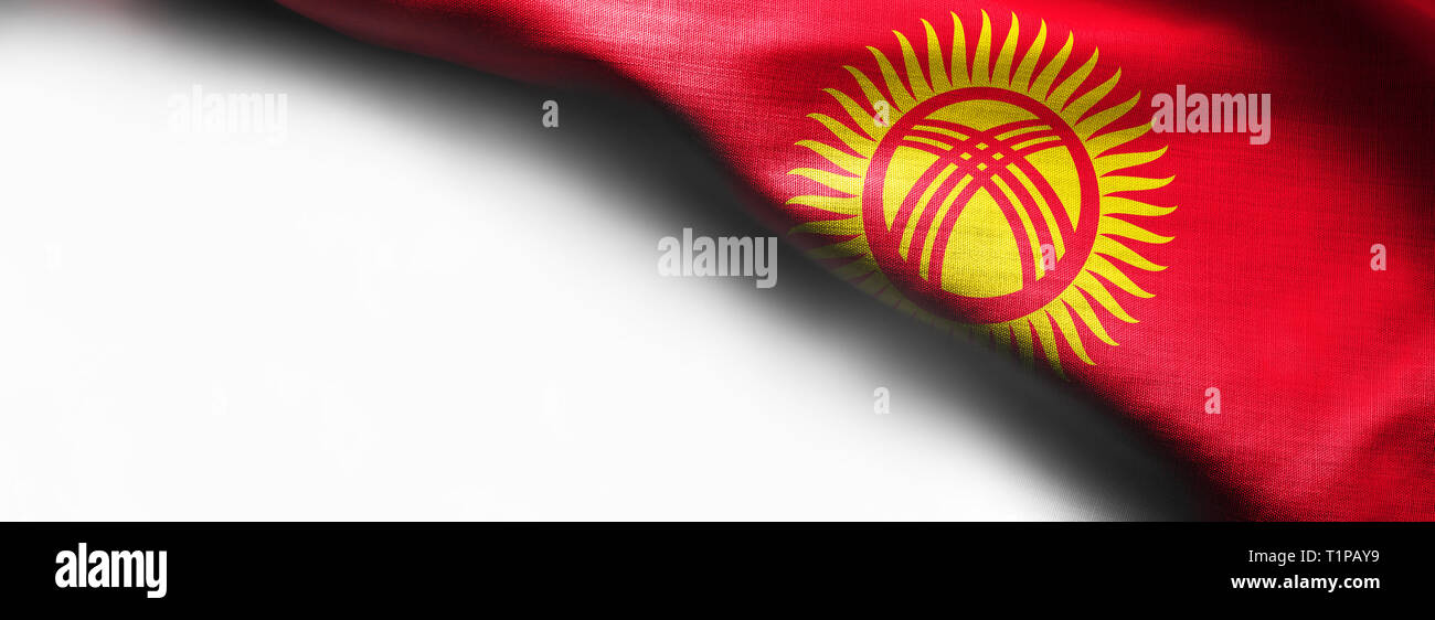 Realistic flag of Kyrgyzstan on white background - right top corner flag Stock Photo