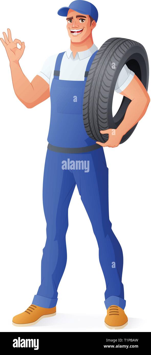 Auto mechanic car service man holding tire. Vector illustration. Stock Vector