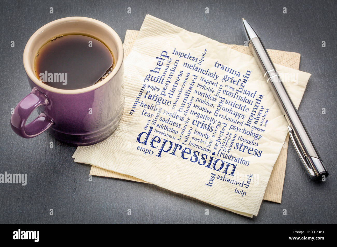 depression word cloud - handwriting on a napkin with cup of coffee against gray slate stone background Stock Photo