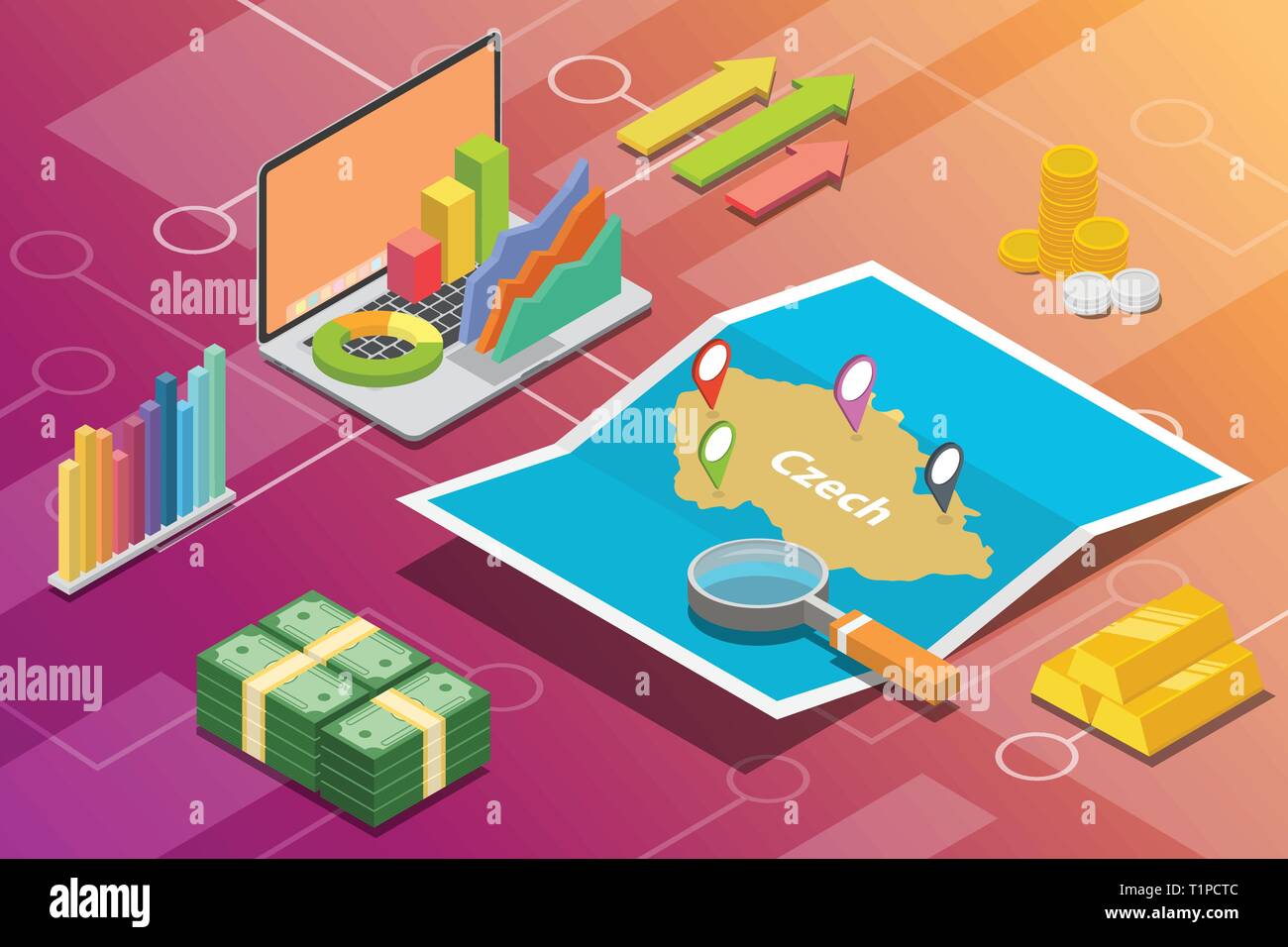 czech isometric business economy - Czech Isometric Business Economy Growth Country With Map And Finance Condition Vector T1PCTC 