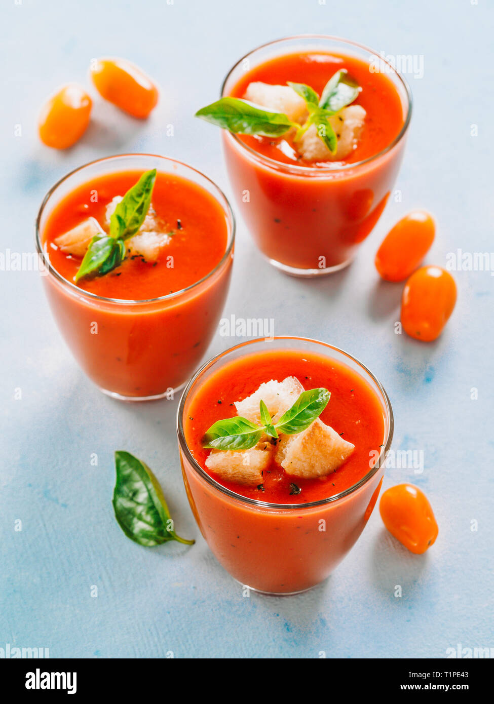 Delicious gaspacho soup in glass. Traditional spanish cold soup puree