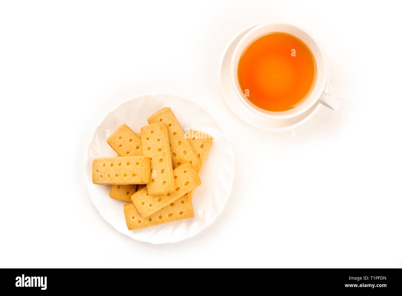 Scottish shortbread butter cookies, shot from above on a white