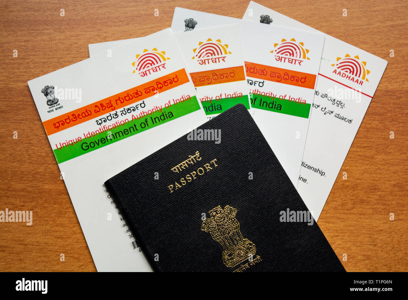 Maski,Karnataka,India - March 14,2019: Aadhaar card and passport which is issued by Government of India as an identity card to travel foreign Stock Photo