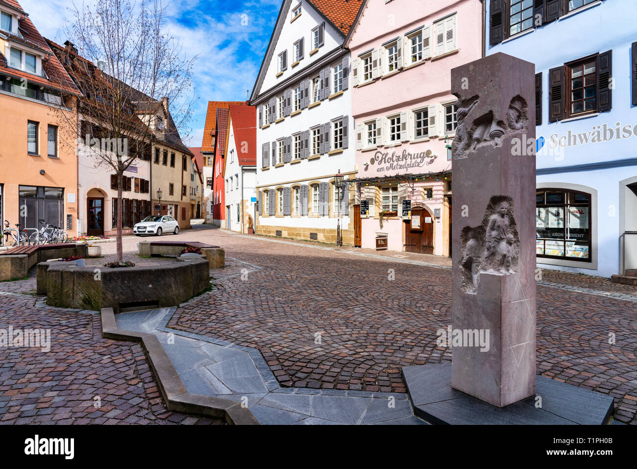 Rottenburg, Germany, 03/16/2019: City centre of Rottenburg with memorial stone to commemorate the Jewish history in Rottenburg Stock Photo