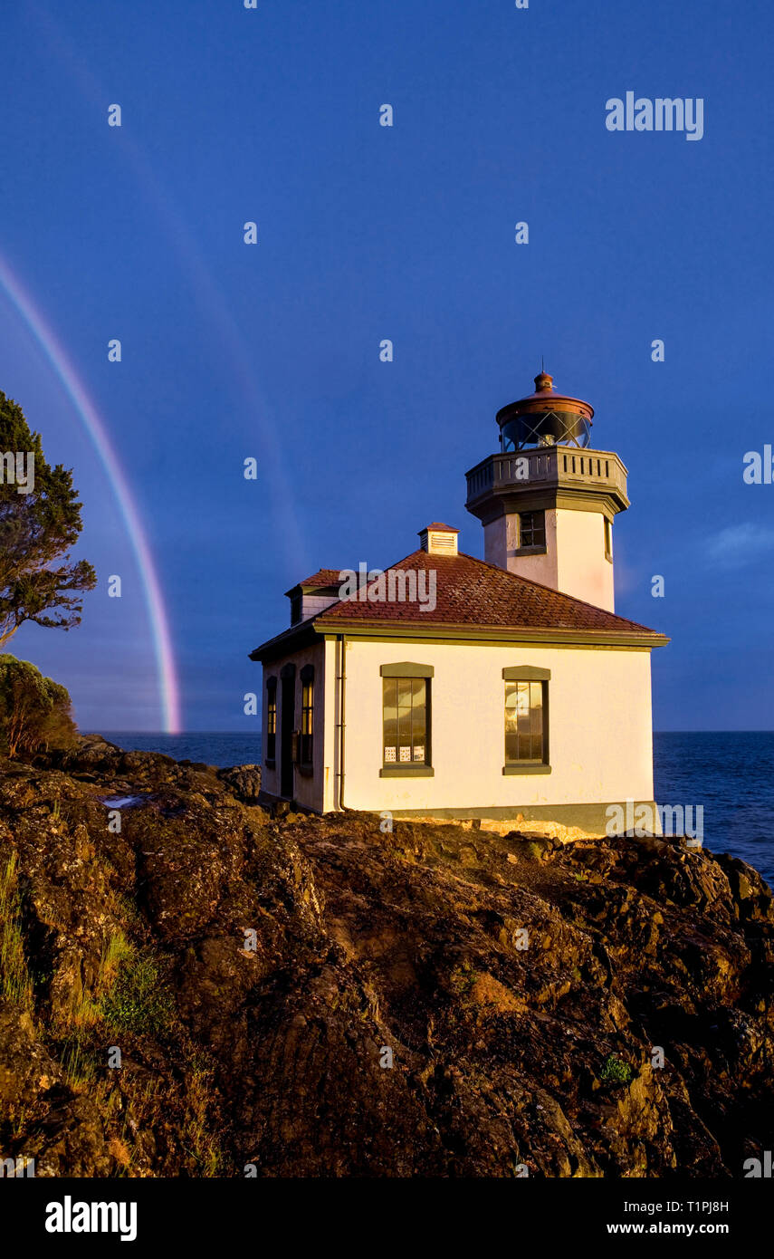 WA05432-00...WASHINGTON - Lime Kiln Lighthouse on San Juan Island over looks the Haro Strait. Stock Photo