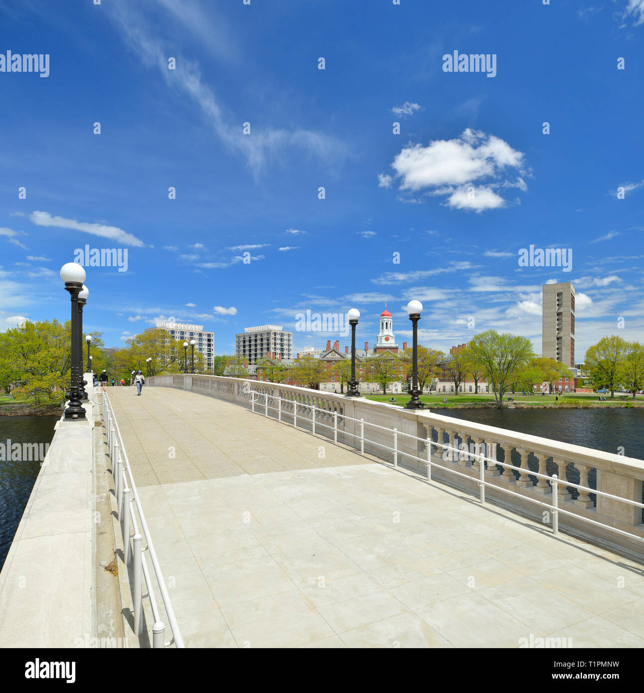 Weeks Bridge and Harvard University across Charles River, Cambridge, Massachusetts Stock Photo