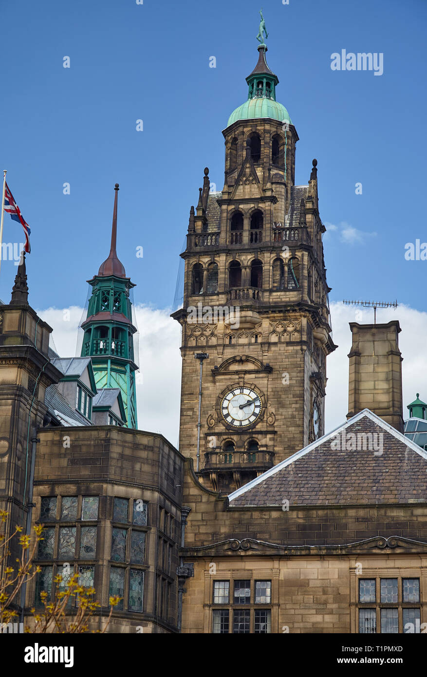The view of the 64 metre high clock tower of the Sheffield Town Hall