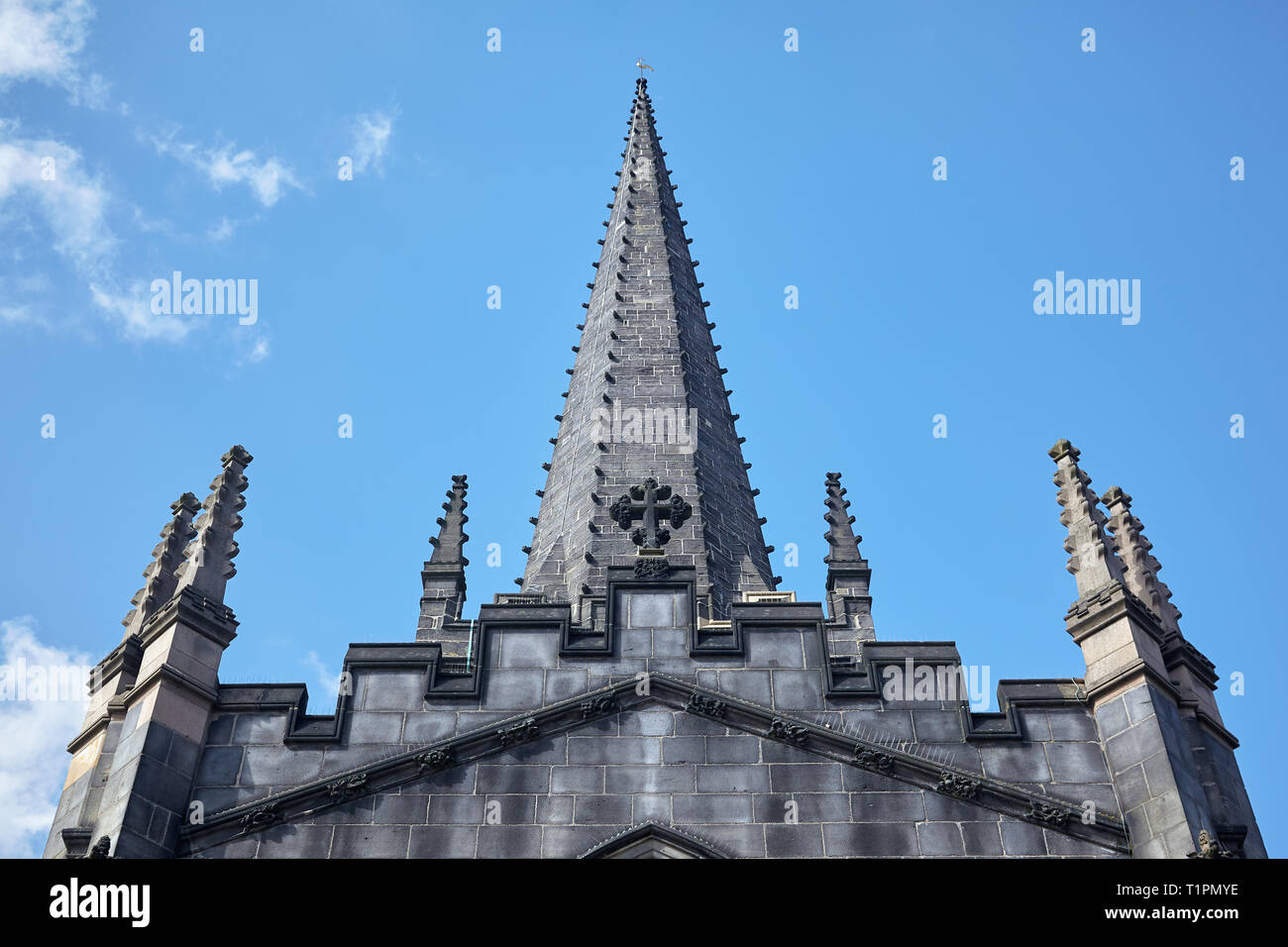 The view of the Sheffield Cathedral roof with the pinnacles and the
