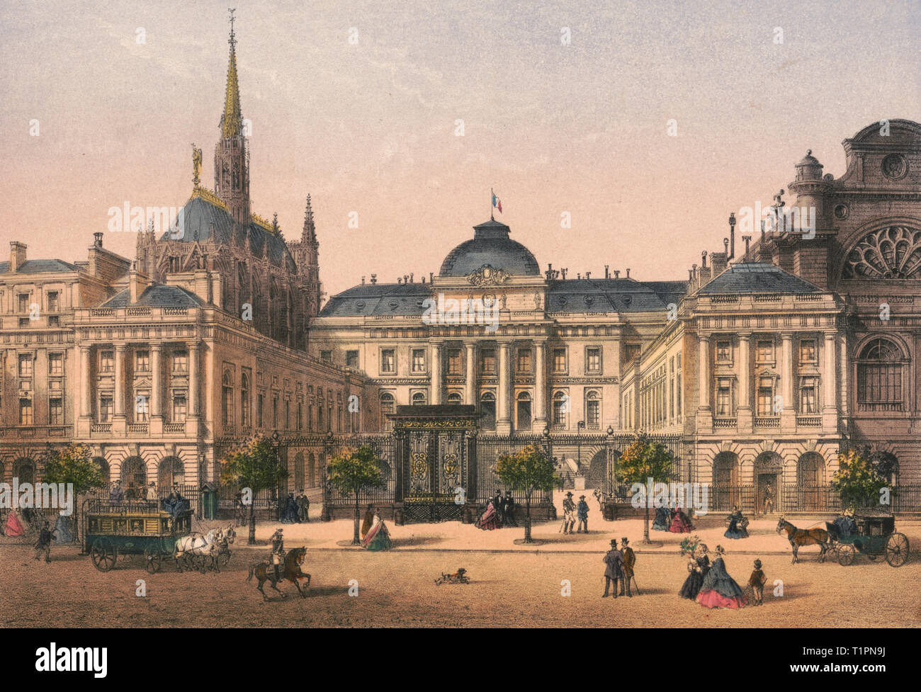Paris. Palais de Justice et Ste. Chapelle - Print shows a street level view of the Palais de justice and Sainte-Chapelle, Paris, France, with pedestrians and coaches on the street in the foreground. Circa 1870 Stock Photo