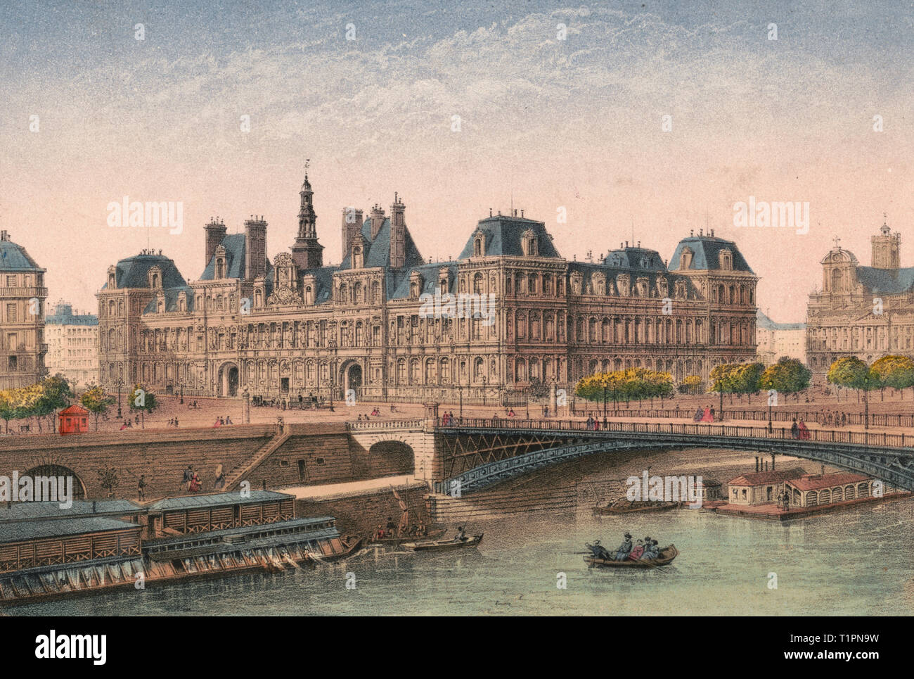 Paris. Hotel de Ville - Print shows a view of the Hotel de ville in Paris, France, from across the Seine River, with barges on the river and a bridge on the right. Circa 1870 Stock Photo