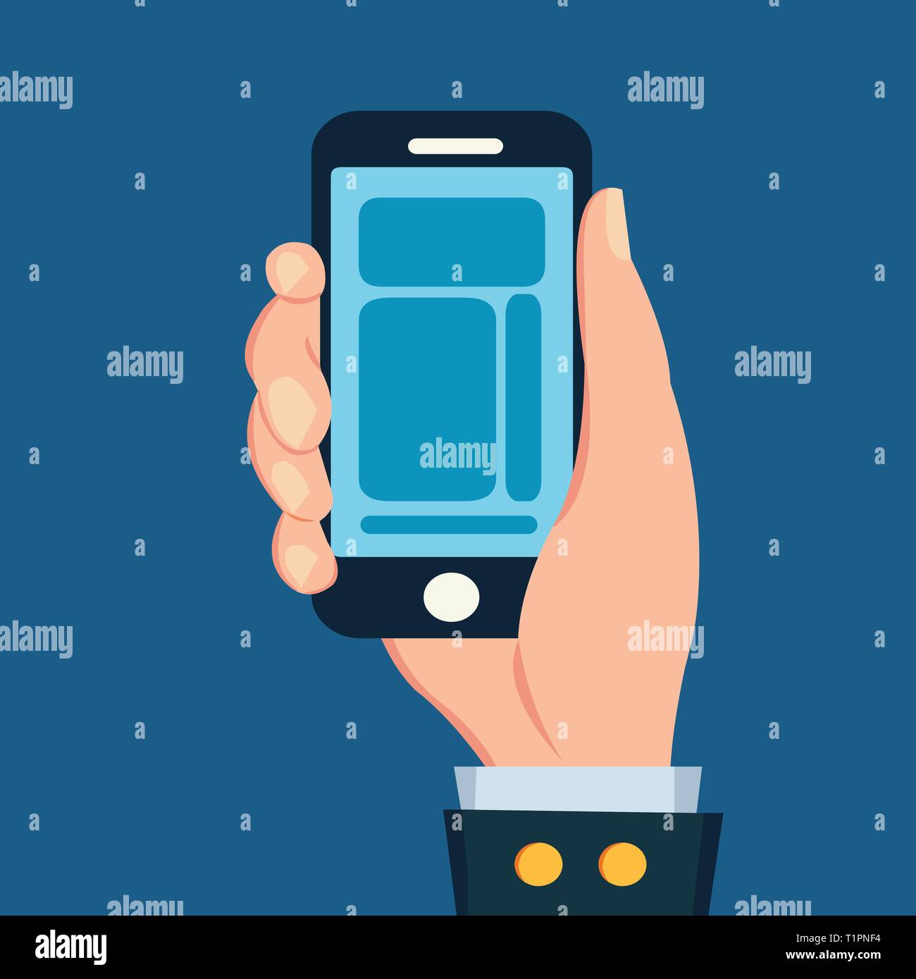 vector hand holding smart phone isolated on blue background Stock Vector